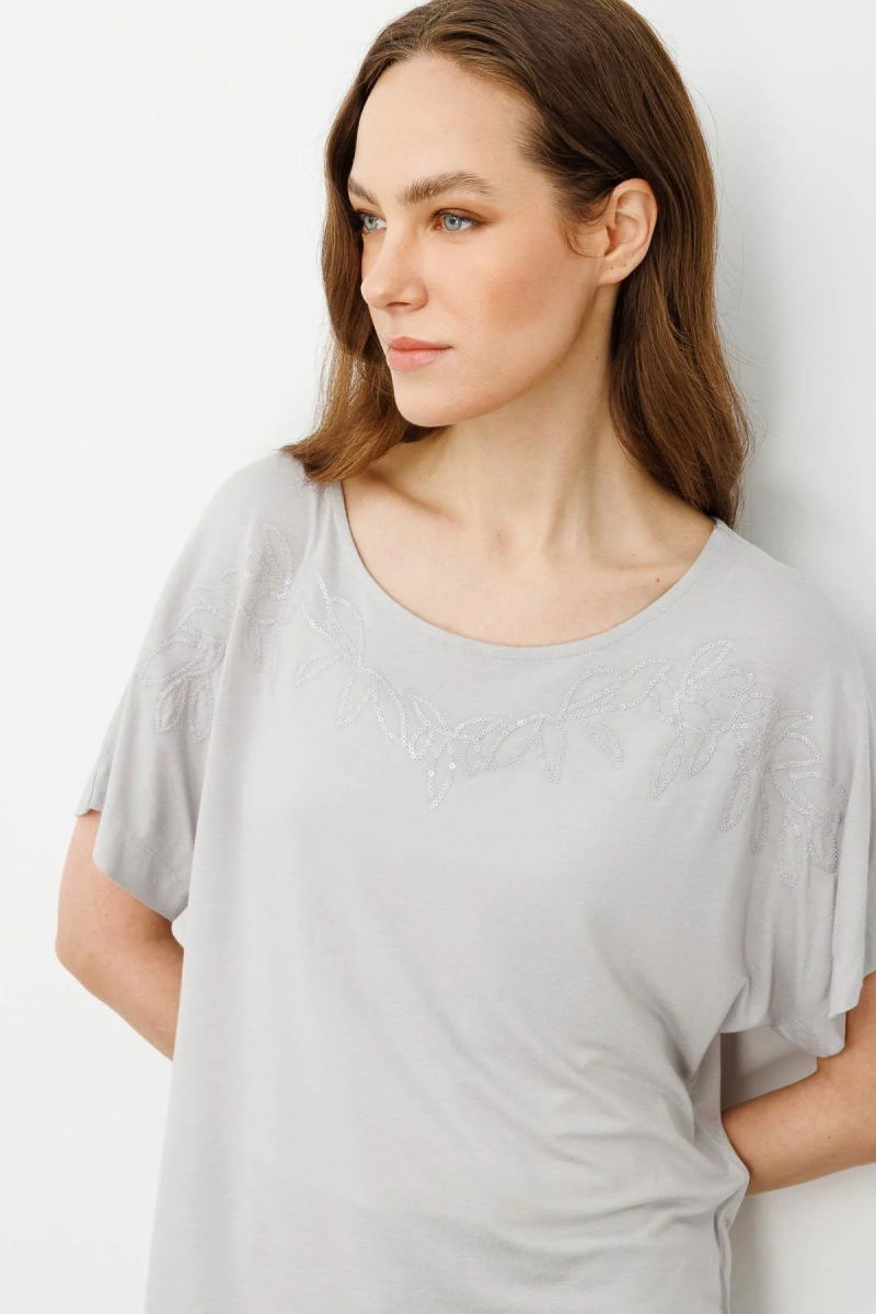 Desen Triko Kadın Sıfır Yaka Boncuk İşlemeli Penye T-Shirt 25859 Taş - 3