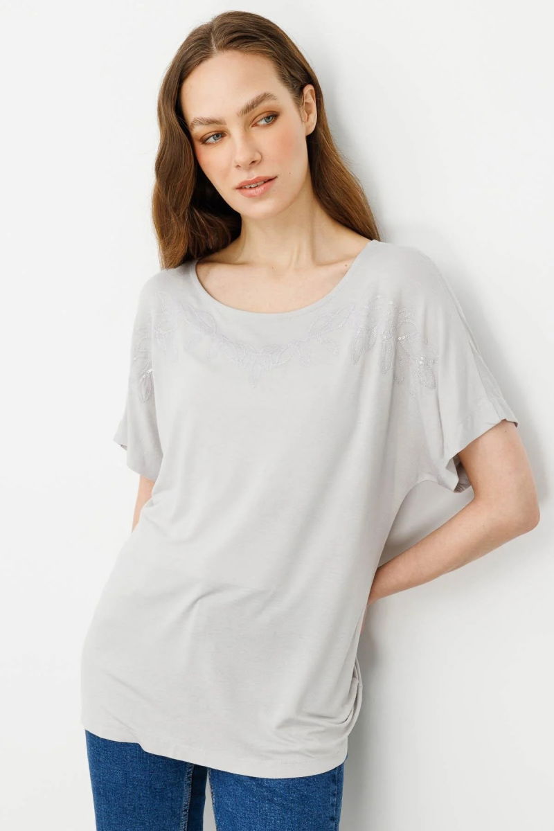 Desen Triko Kadın Sıfır Yaka Boncuk İşlemeli Penye T-Shirt 25859 Taş - 4