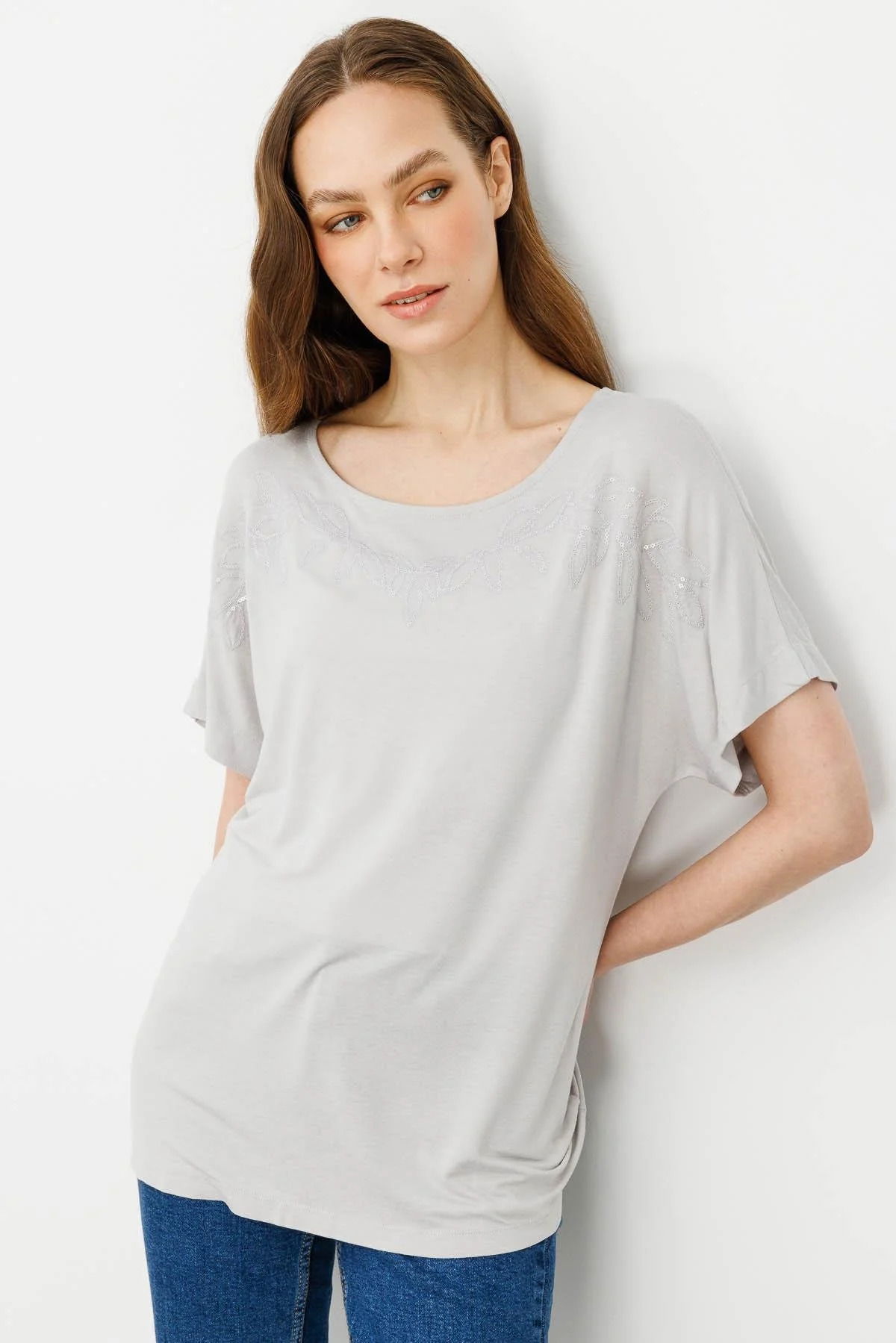 Desen Triko Kadın Sıfır Yaka Boncuk İşlemeli Penye T-Shirt 25859 Taş - 4
