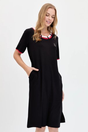 Desen Triko Kadın Sıfır Yaka Çapa İşlemeli Marin Elbise KMY24083 Siyah - 2