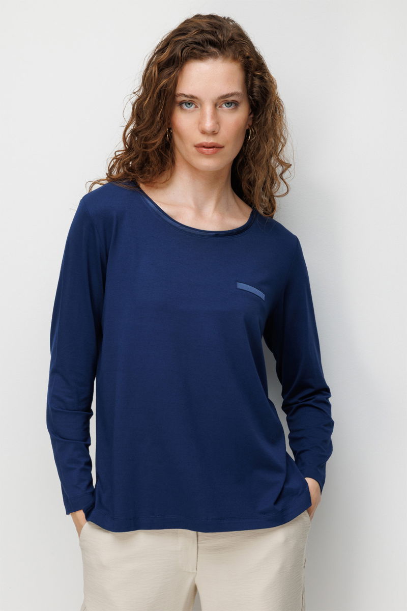 Desen Triko Kadın Sıfır Yaka Cebi Saten Şeritli Penye Bluz 26832 Lacivert - Desen Triko