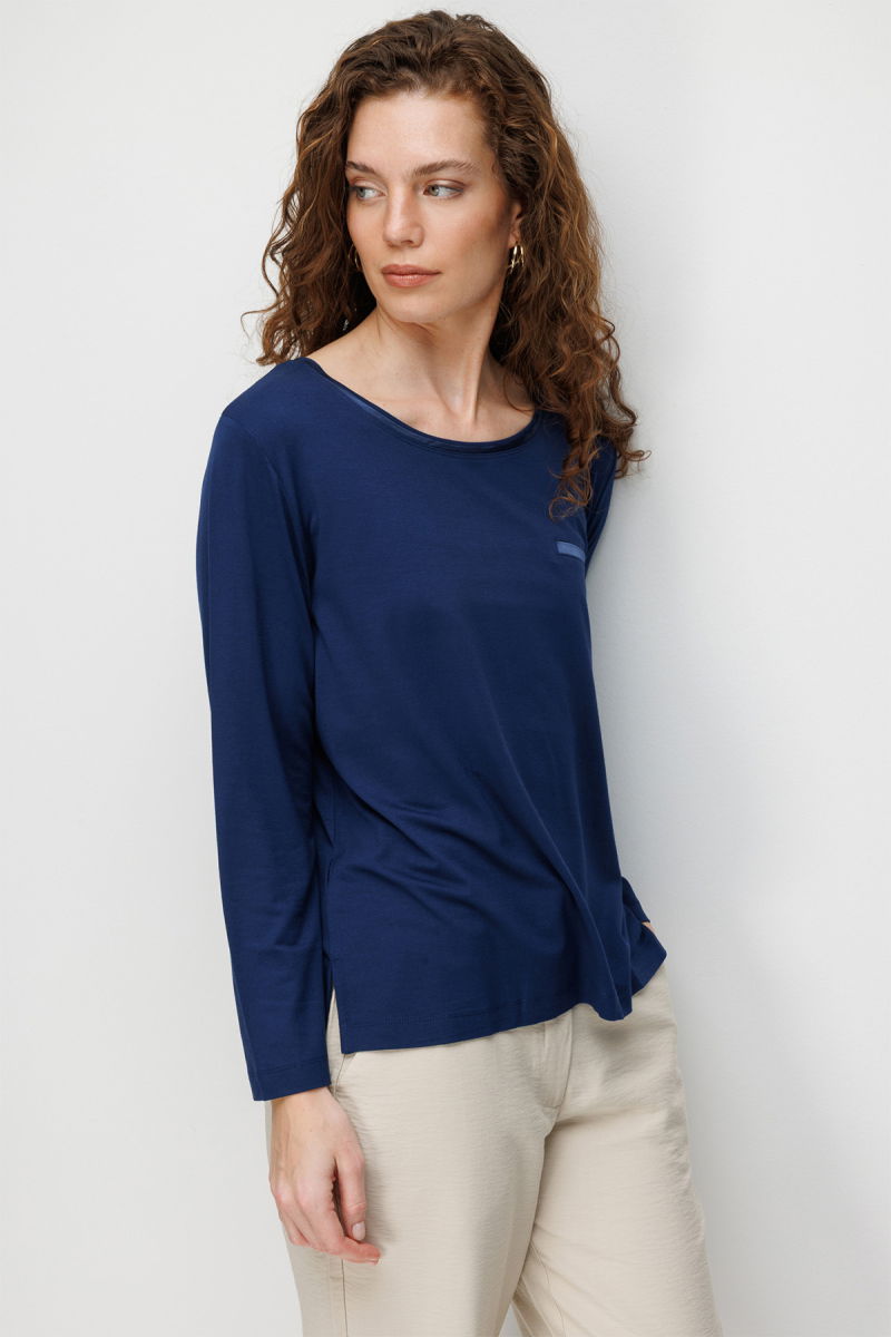 Desen Triko Kadın Sıfır Yaka Cebi Saten Şeritli Penye Bluz 26832 Lacivert - 2