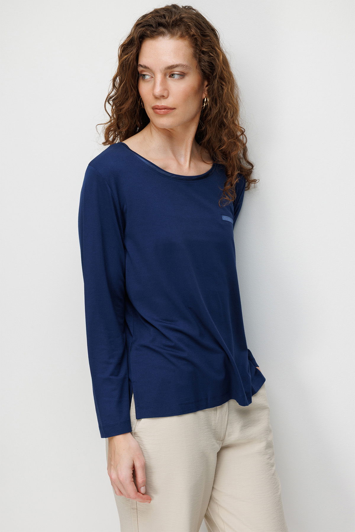 Desen Triko Kadın Sıfır Yaka Cebi Saten Şeritli Penye Bluz 26832 Lacivert - 2