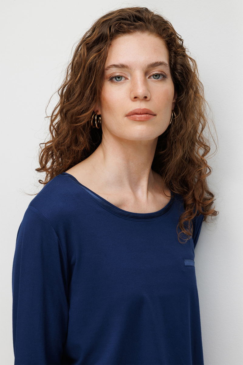 Desen Triko Kadın Sıfır Yaka Cebi Saten Şeritli Penye Bluz 26832 Lacivert - 3