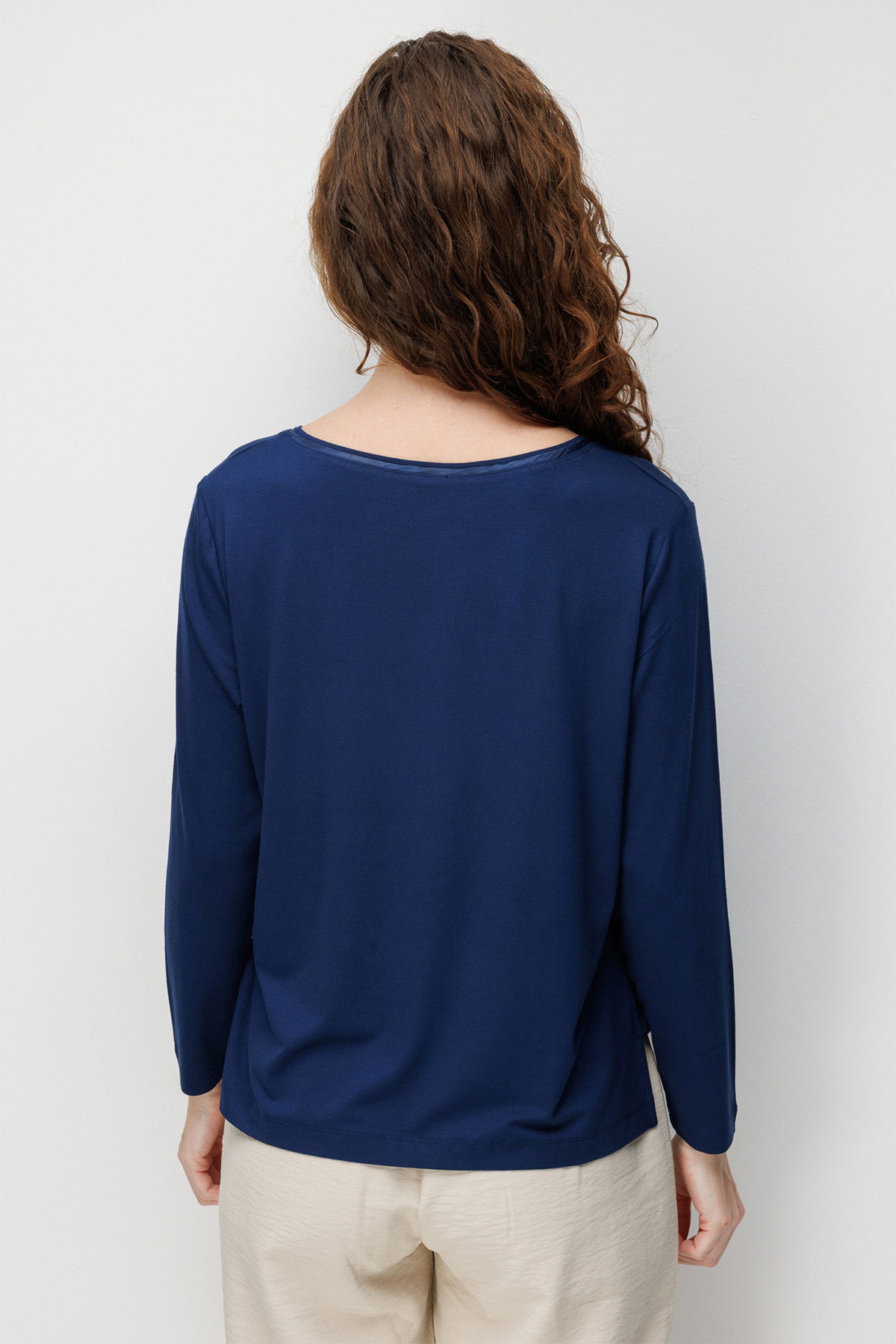 Desen Triko Kadın Sıfır Yaka Cebi Saten Şeritli Penye Bluz 26832 Lacivert - 4