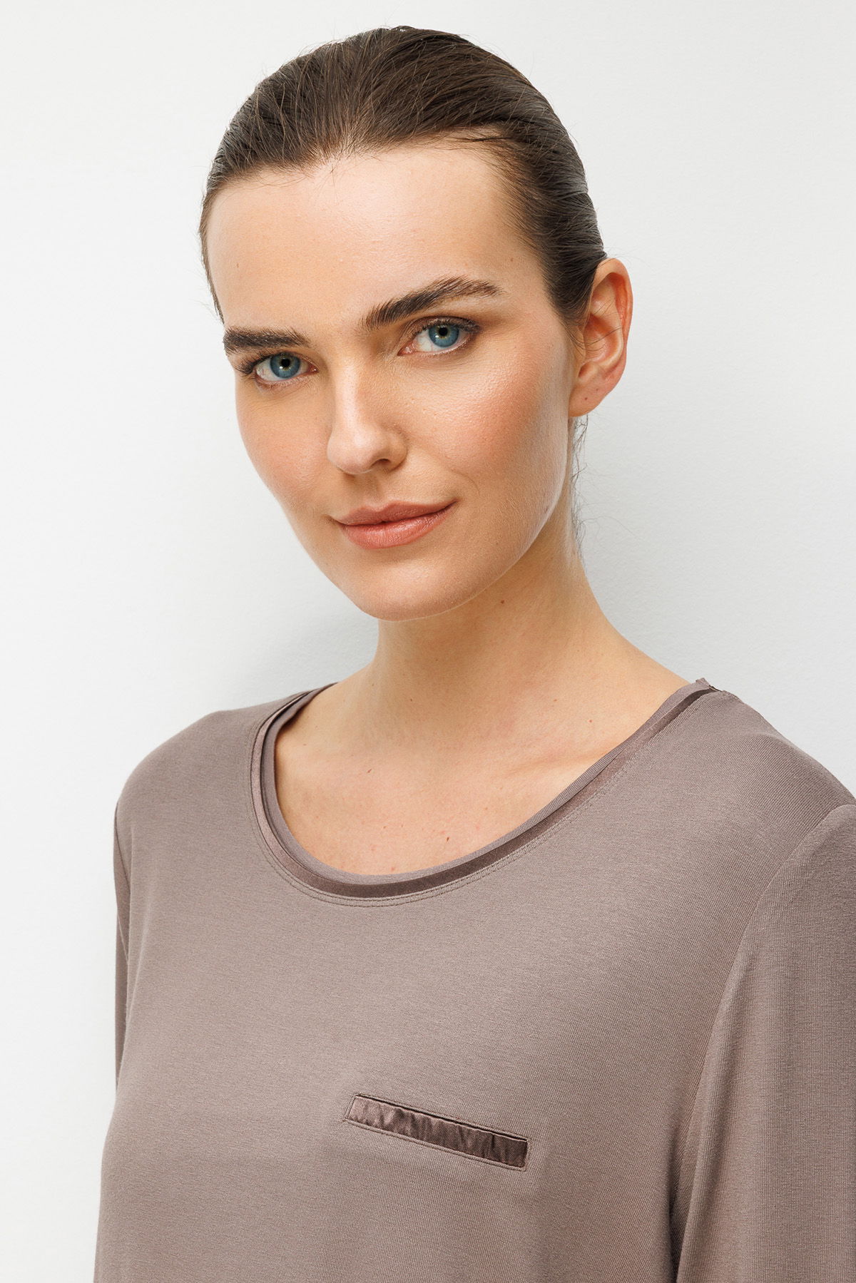 Desen Triko Kadın Sıfır Yaka Cebi Saten Şeritli Penye Bluz 26832 Vizon - 2