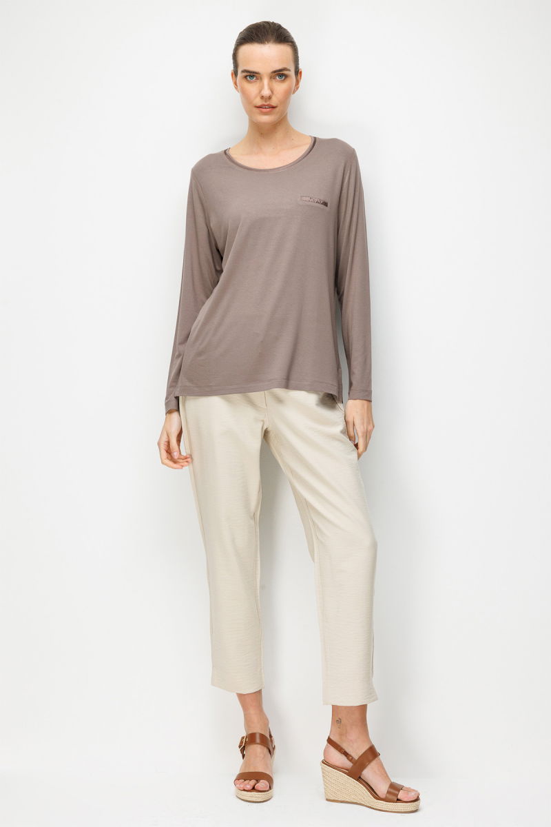 Desen Triko Kadın Sıfır Yaka Cebi Saten Şeritli Penye Bluz 26832 Vizon - 3