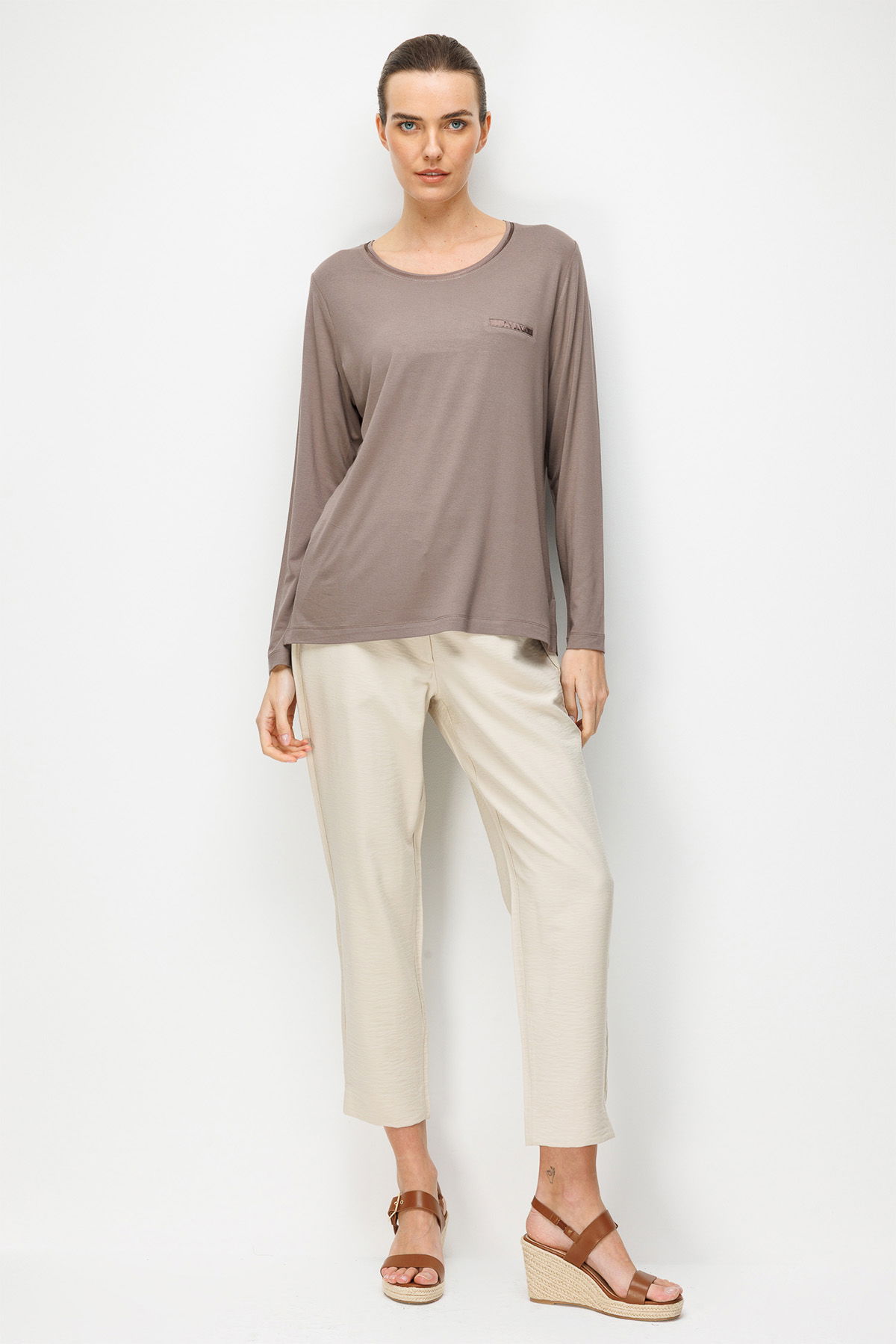 Desen Triko Kadın Sıfır Yaka Cebi Saten Şeritli Penye Bluz 26832 Vizon - 3