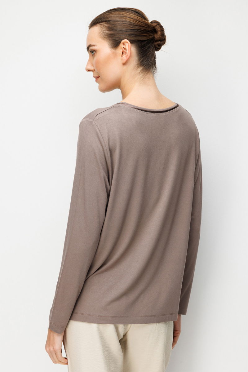 Desen Triko Kadın Sıfır Yaka Cebi Saten Şeritli Penye Bluz 26832 Vizon - 4