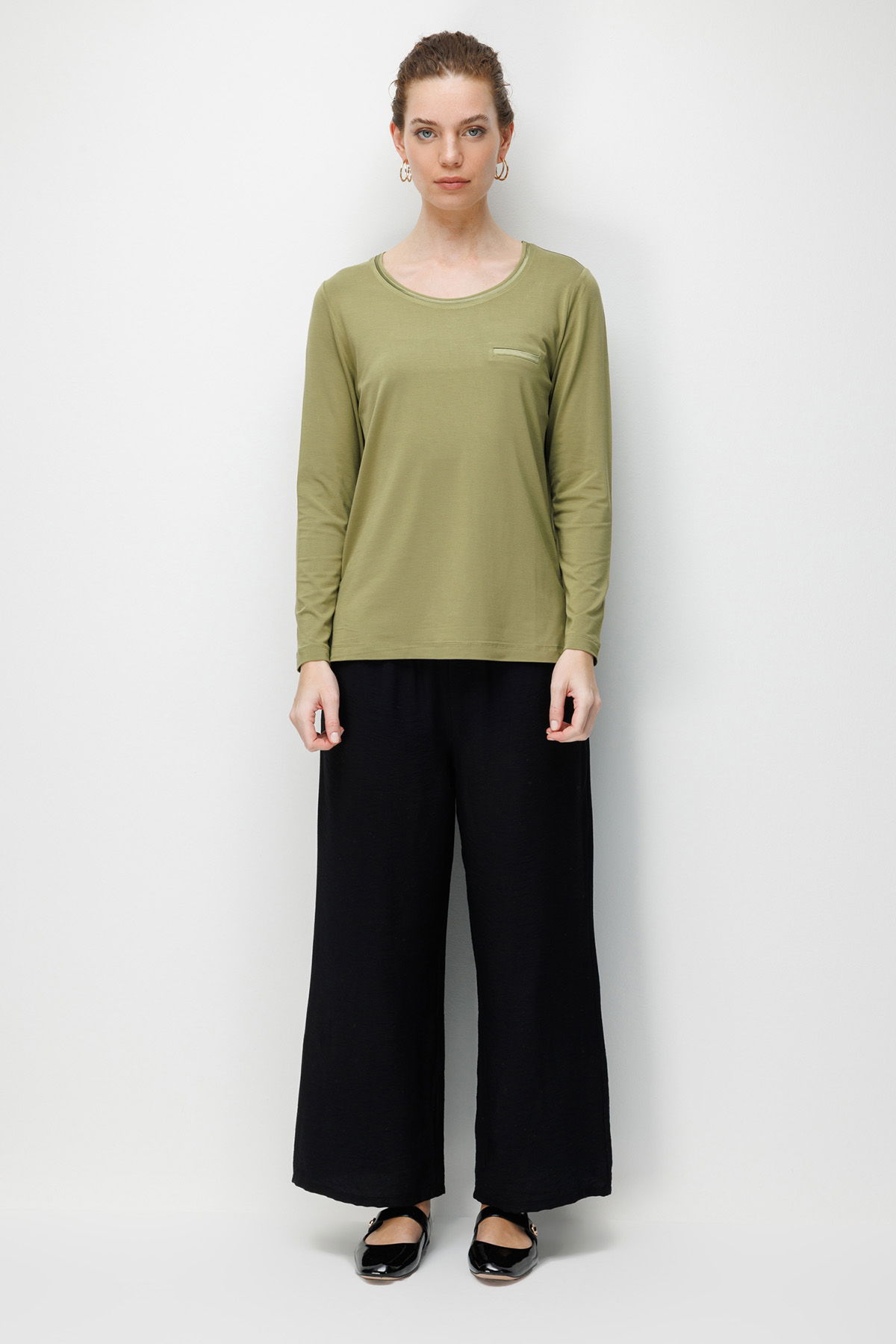 Desen Triko Kadın Sıfır Yaka Cebi Saten Şeritli Penye Bluz 26832 Yeşil - 2