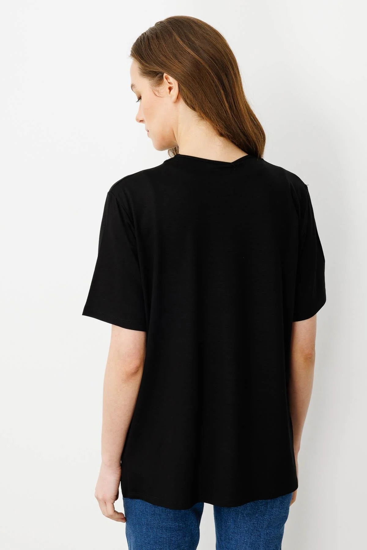Desen Triko Kadın Sıfır Yaka Cebi ve Yakası Simli Penye T-Shirt 25761 Siyah - 4