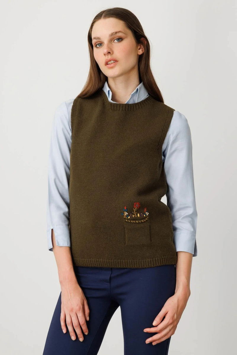 Desen Triko Kadın Sıfır Yaka Cep Üstü Çiçek Nakışlı Yün Süveter 25180 A. Yeşil - Desen Triko