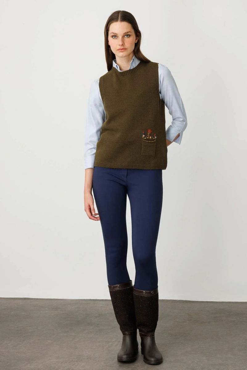 Desen Triko Kadın Sıfır Yaka Cep Üstü Çiçek Nakışlı Yün Süveter 25180 A. Yeşil - 3