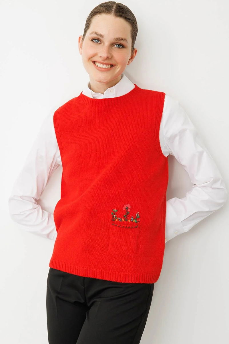 Desen Triko Kadın Sıfır Yaka Cep Üstü Çiçek Nakışlı Yün Süveter 25180 Mercan - 2