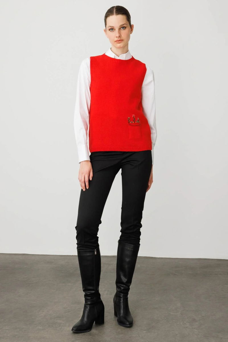 Desen Triko Kadın Sıfır Yaka Cep Üstü Çiçek Nakışlı Yün Süveter 25180 Mercan - 3