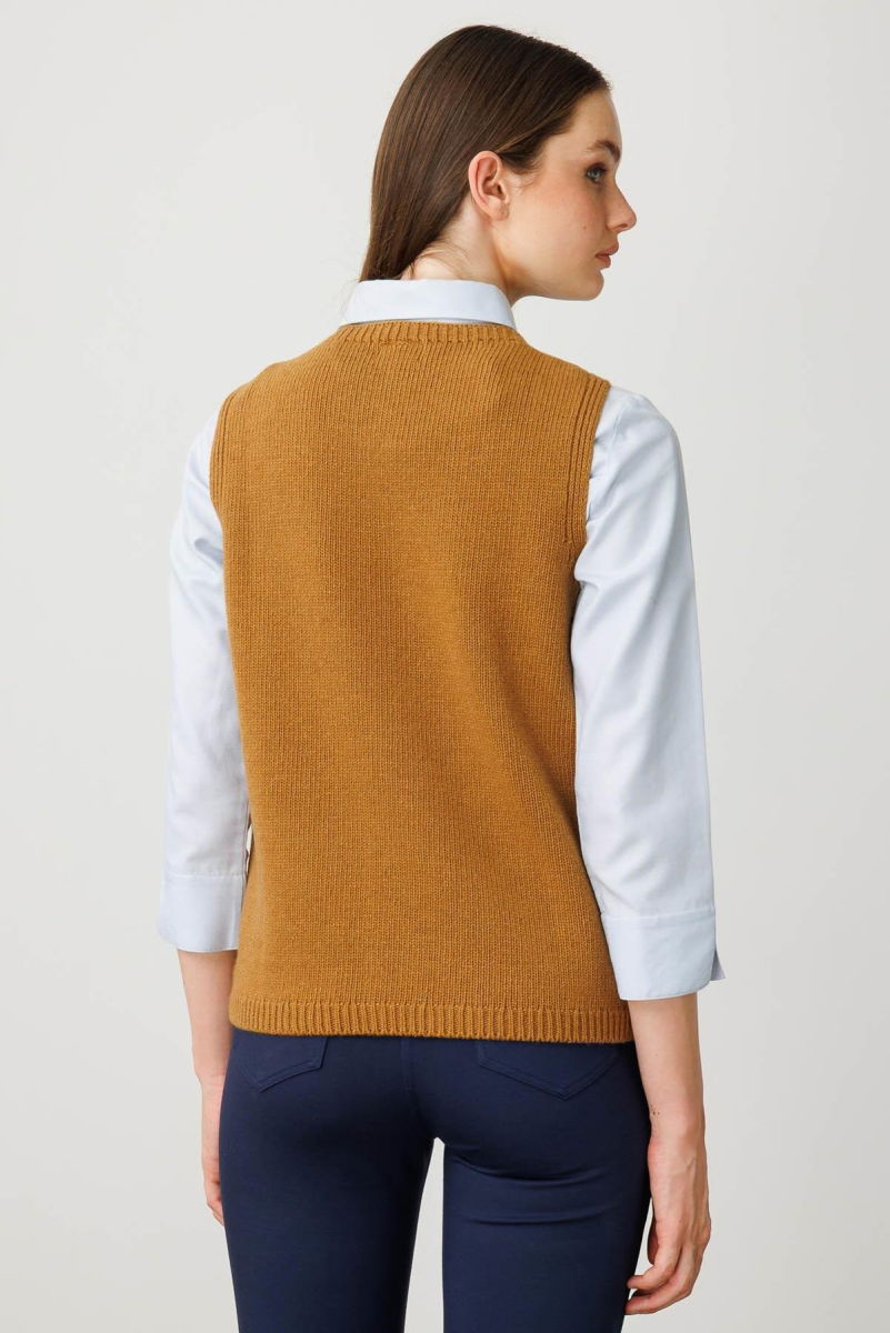 Desen Triko Kadın Sıfır Yaka Cep Üstü Çiçek Nakışlı Yün Süveter 25180 Taba - 4