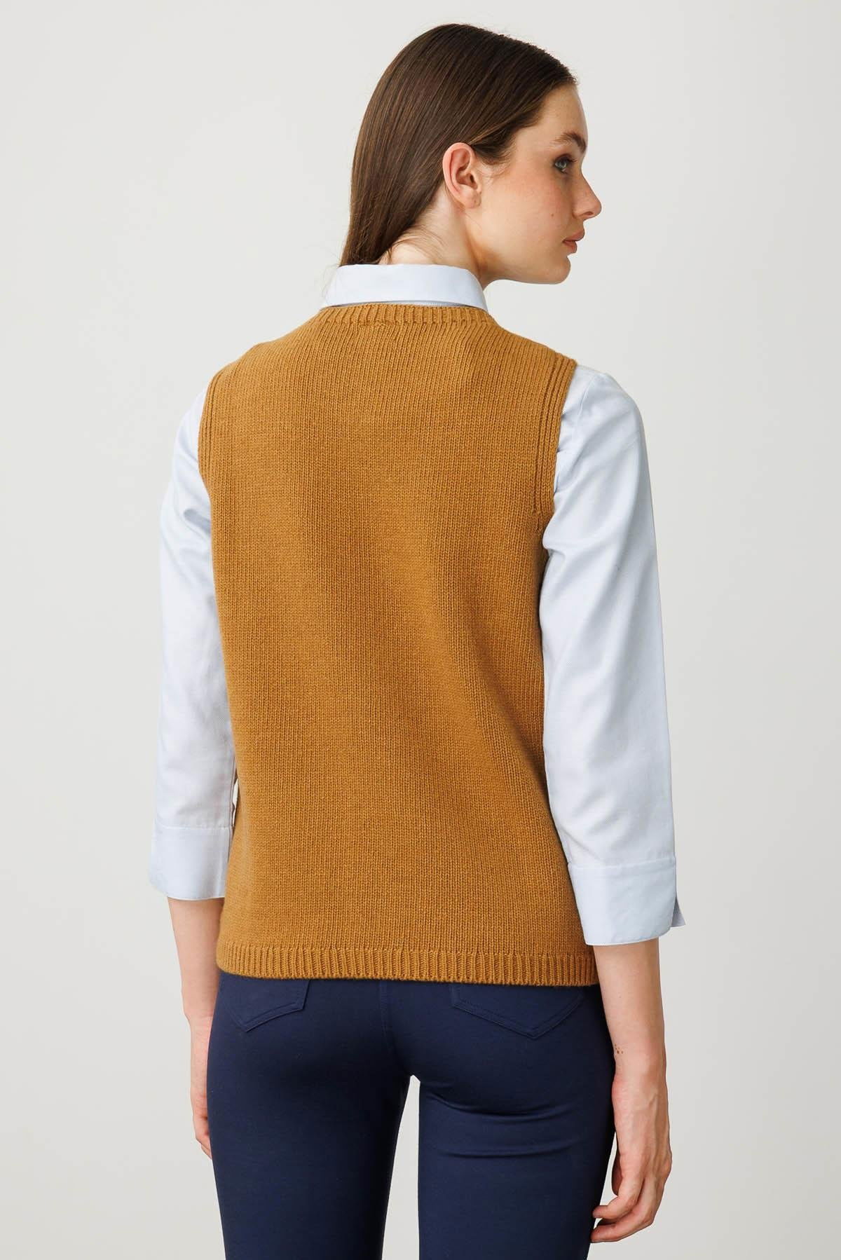 Desen Triko Kadın Sıfır Yaka Cep Üstü Çiçek Nakışlı Yün Süveter 25180 Taba - 4