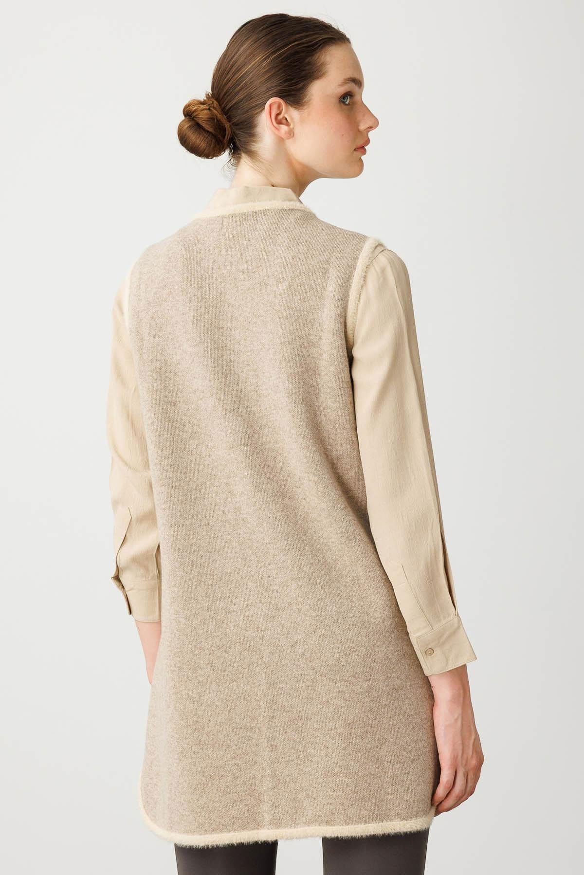 Desen Triko Kadın Sıfır Yaka Çiçekli Uzun Yün Yelek 25014 K. Bej - 4