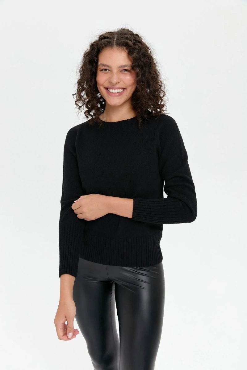 Desen Triko Kadın Sıfır Yaka Dikişsiz Eteği ve Kolu Uzun Lastik Yün Kazak 24210 Siyah - Desen Triko