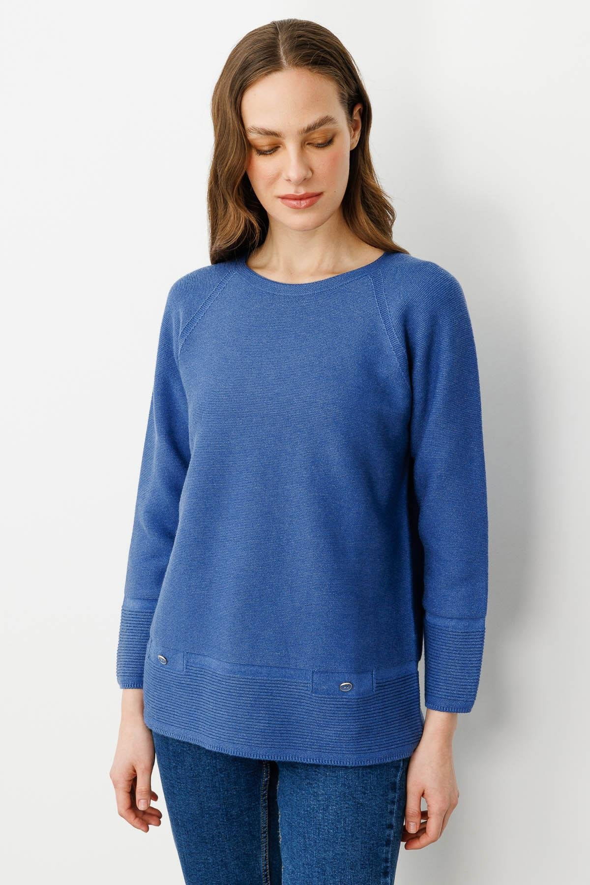 Desen Triko Kadın Sıfır Yaka Dikişsiz Kazak 24189 Indigo - 1