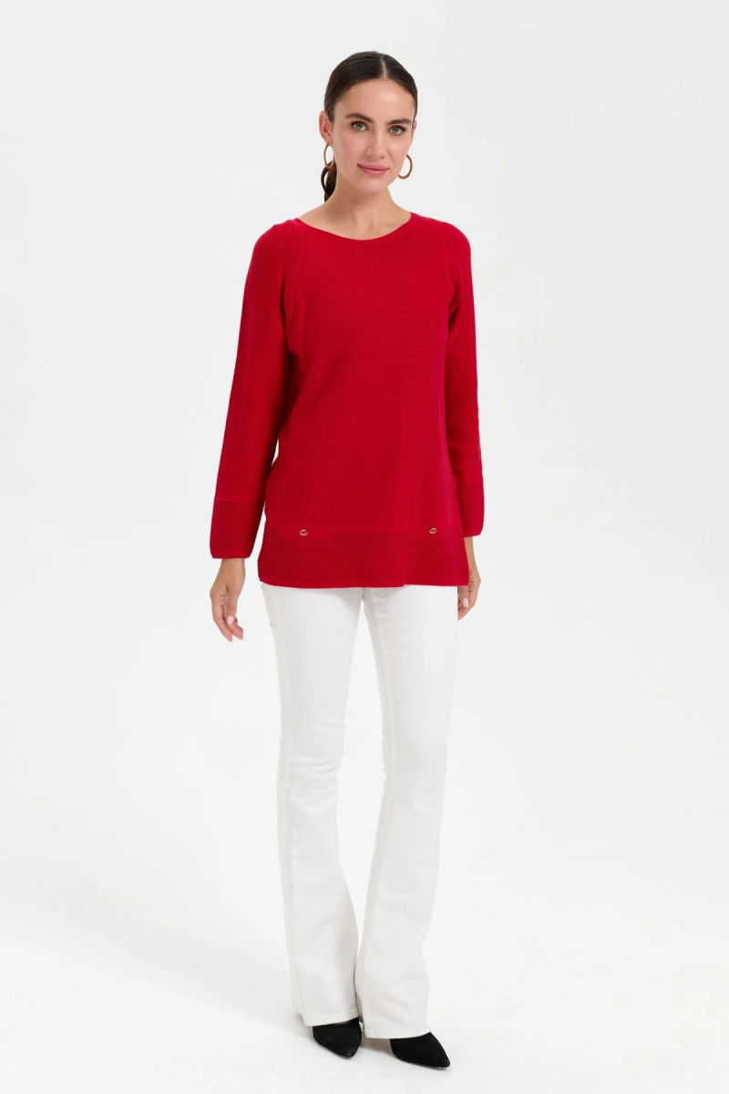 Desen Triko Kadın Sıfır Yaka Dikişsiz Kazak 24189 K.Kırmızı - 2