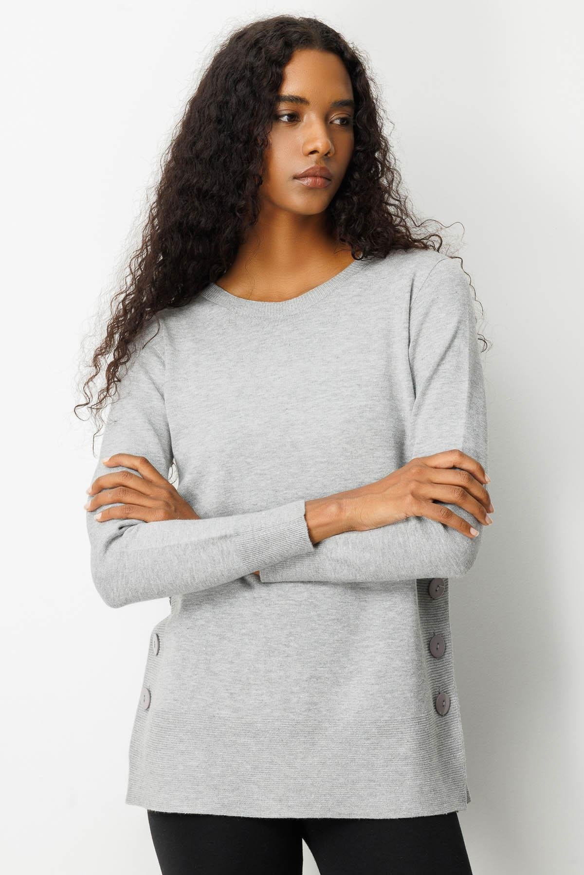 Desen Triko Kadın Sıfır Yaka Dikişsiz Yanları Düğmeli Simli Bluz 23390 Gri - 1