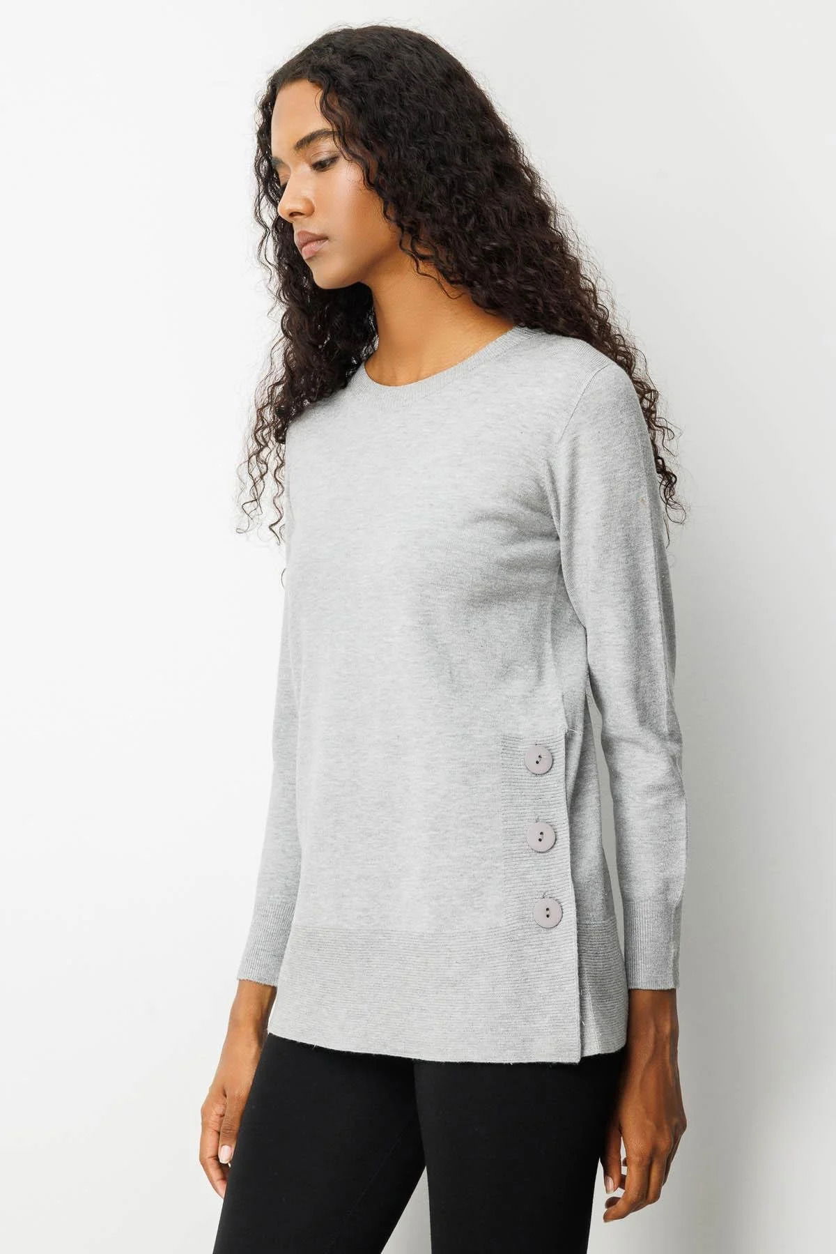 Desen Triko Kadın Sıfır Yaka Dikişsiz Yanları Düğmeli Simli Bluz 23390 Gri - 2