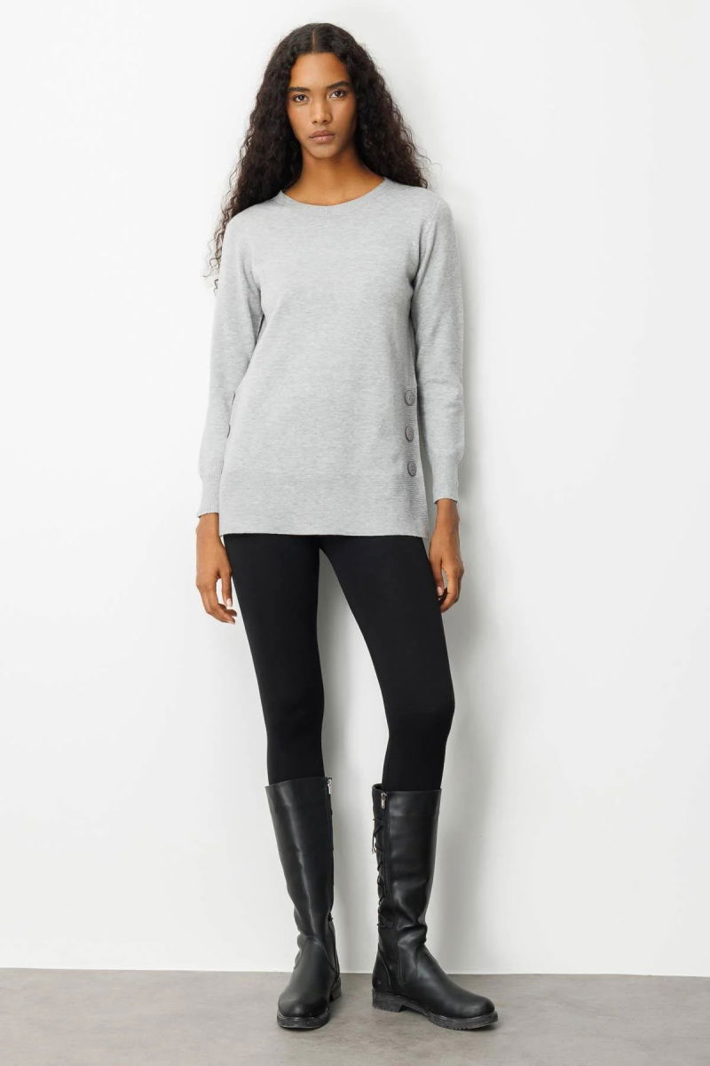 Desen Triko Kadın Sıfır Yaka Dikişsiz Yanları Düğmeli Simli Bluz 23390 Gri - 3