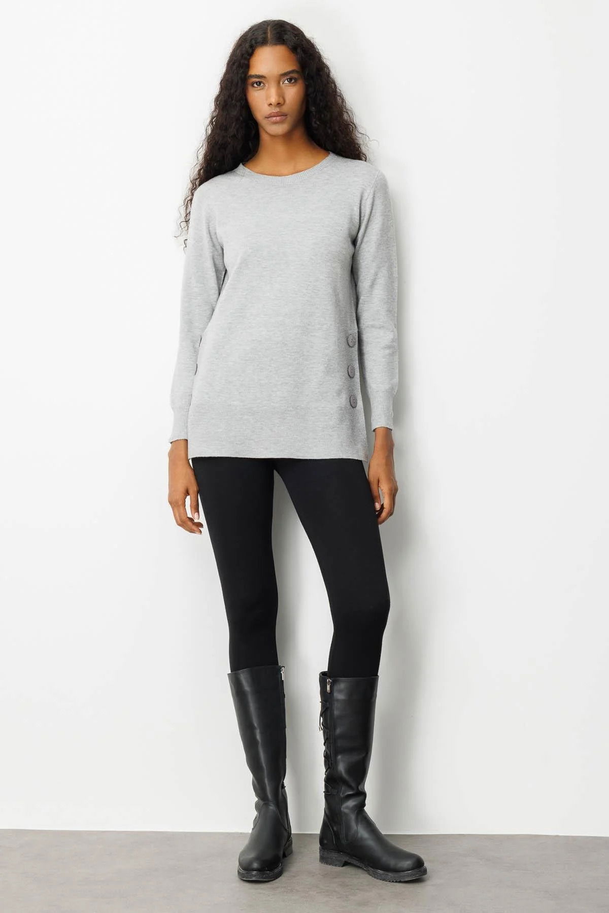 Desen Triko Kadın Sıfır Yaka Dikişsiz Yanları Düğmeli Simli Bluz 23390 Gri - 3