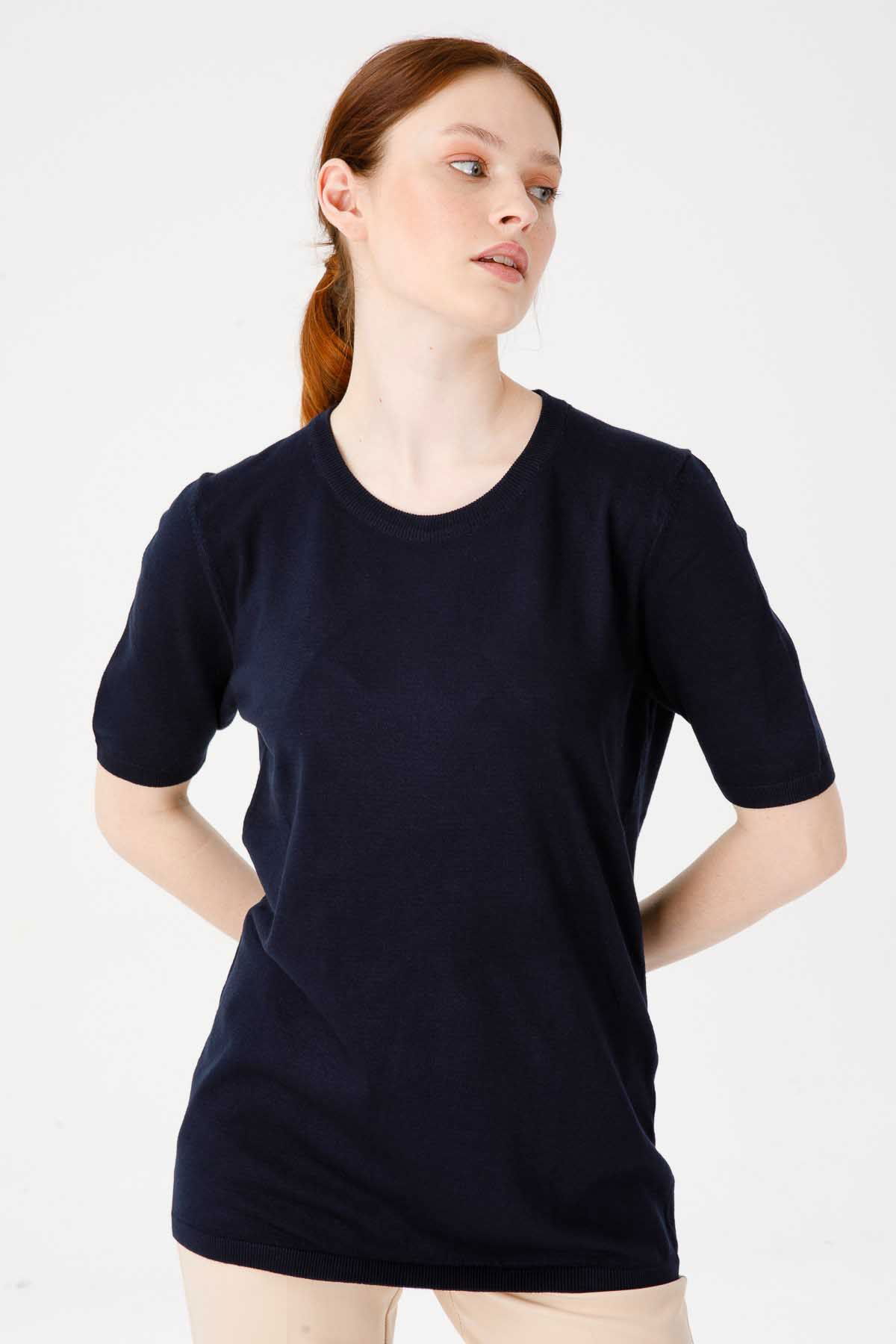 Desen Triko Kadın Sıfır Yaka Düz Bluz 02420344 Koyu Lacivert - 6