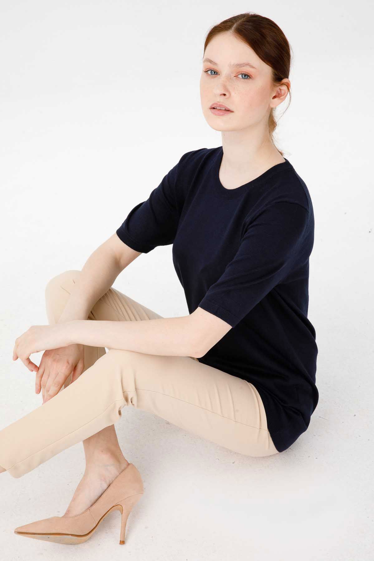 Desen Triko Kadın Sıfır Yaka Düz Bluz 02420344 Koyu Lacivert - 7