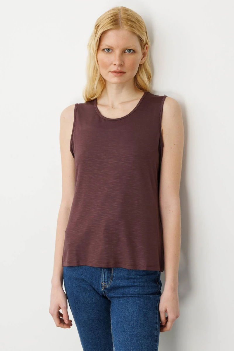 Desen Triko Kadın Sıfır Yaka Flamlı Kumaş Basic Askılı T-Shirt 24086 Kahverengi - 1