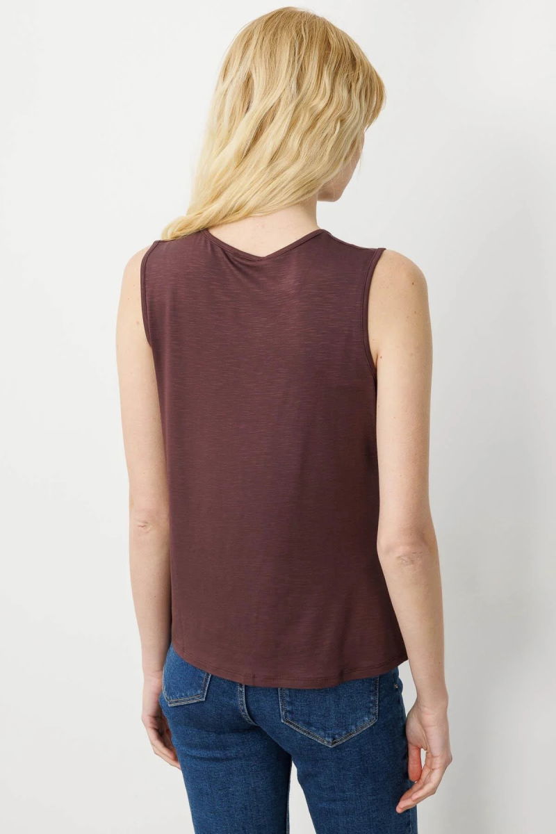 Desen Triko Kadın Sıfır Yaka Flamlı Kumaş Basic Askılı T-Shirt 24086 Kahverengi - 4