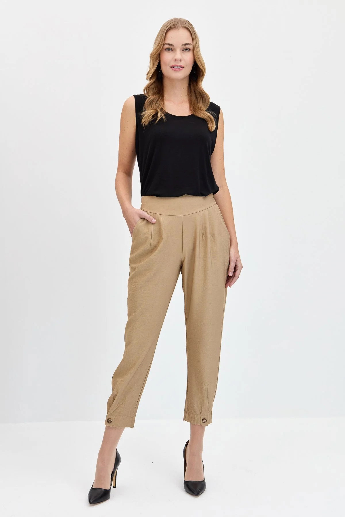 Desen Triko Kadın Sıfır Yaka Flamlı Kumaş Basic Askılı T-Shirt 24086 Siyah - 2