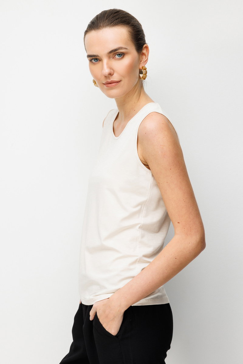 Desen Triko Kadın Sıfır Yaka Flamlı Kumaş Basic Askılı T-Shirt KMY24086 Bej - 2