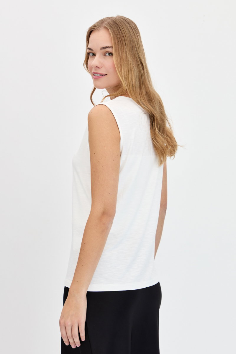 Desen Triko Kadın Sıfır Yaka Flamlı Kumaş Basic Askılı T-Shirt KMY24086 Ekru - 5