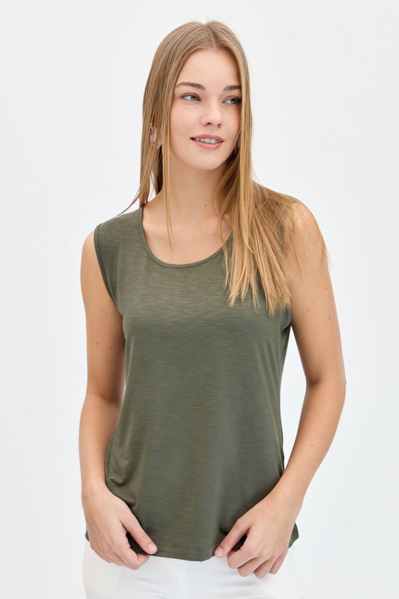 Desen Triko Kadın Sıfır Yaka Flamlı Kumaş Basic Askılı T-Shirt KMY24086 Haki - Desen Triko