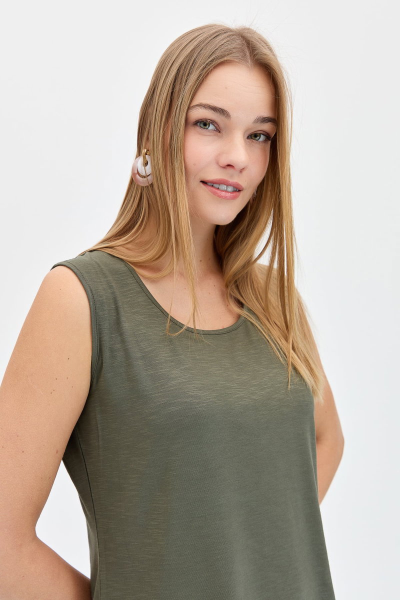 Desen Triko Kadın Sıfır Yaka Flamlı Kumaş Basic Askılı T-Shirt KMY24086 Haki - 3