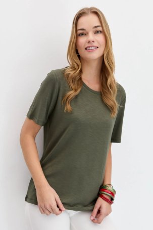 Desen Triko Kadın Sıfır Yaka Flamlı Kumaş Penye T-Shirt KMY24084 Haki - 1