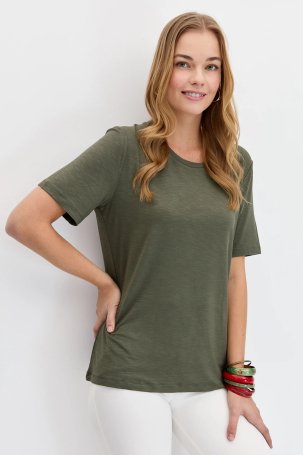 Desen Triko Kadın Sıfır Yaka Flamlı Kumaş Penye T-Shirt KMY24084 Haki - 3