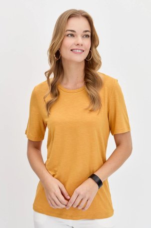 Desen Triko Kadın Sıfır Yaka Flamlı Kumaş Penye T-Shirt KMY24084 Hardal - 3