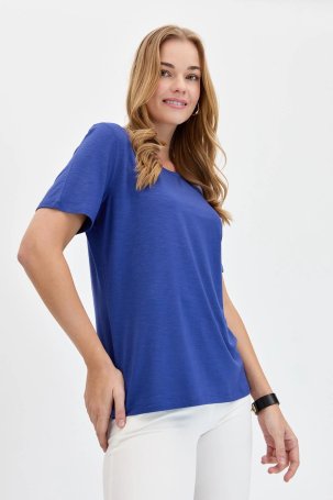 Desen Triko Kadın Sıfır Yaka Flamlı Kumaş Penye T-Shirt KMY24084 Indigo - 3