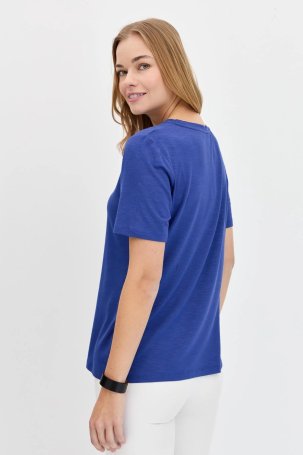 Desen Triko Kadın Sıfır Yaka Flamlı Kumaş Penye T-Shirt KMY24084 Indigo - 4