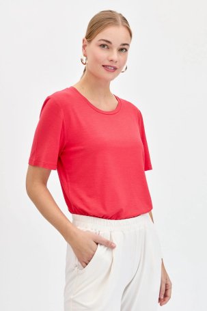 Desen Triko Kadın Sıfır Yaka Flamlı Kumaş Penye T-Shirt KMY24084 Mercan 