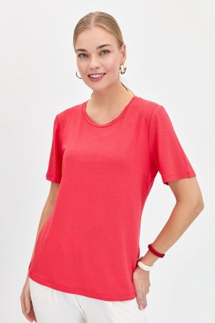 Desen Triko Kadın Sıfır Yaka Flamlı Kumaş Penye T-Shirt KMY24084 Mercan - 3