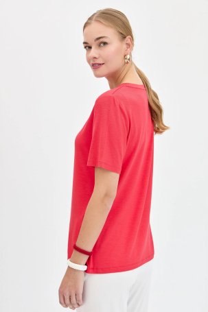 Desen Triko Kadın Sıfır Yaka Flamlı Kumaş Penye T-Shirt KMY24084 Mercan - 4