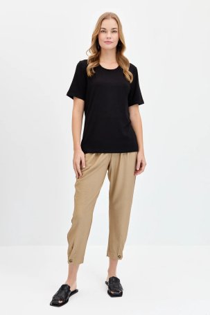 Desen Triko Kadın Sıfır Yaka Flamlı Kumaş Penye T-Shirt KMY24084 Siyah - 1