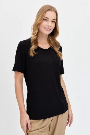 Desen Triko Kadın Sıfır Yaka Flamlı Kumaş Penye T-Shirt KMY24084 Siyah - 2