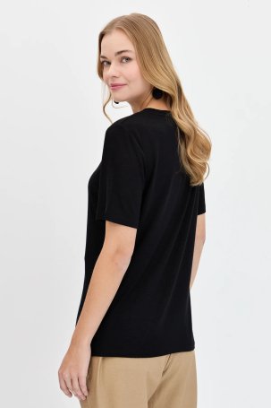 Desen Triko Kadın Sıfır Yaka Flamlı Kumaş Penye T-Shirt KMY24084 Siyah - 3