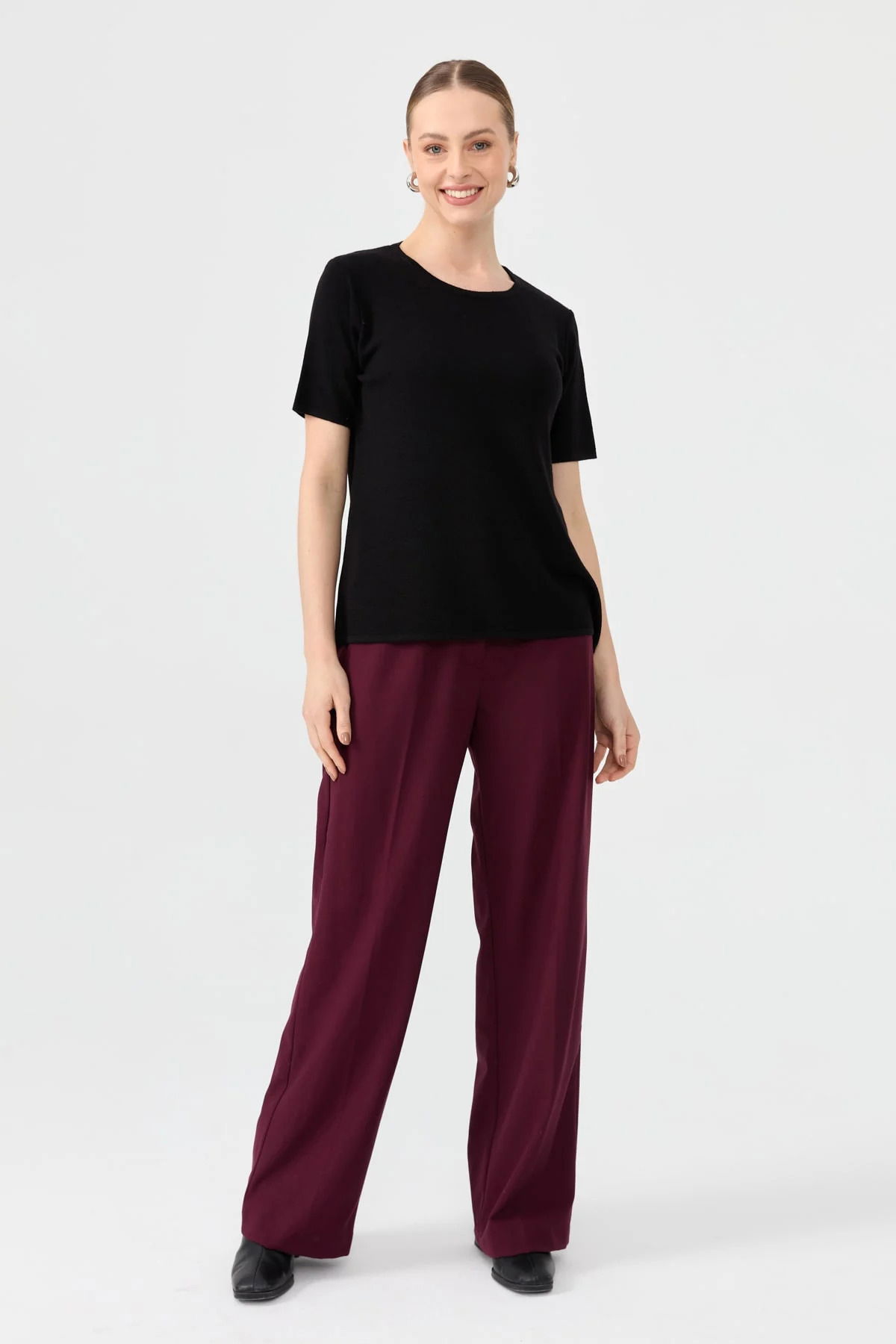 Desen Triko Kadın Sıfır Yaka Kısa Kollu Basic Yün Bluz 24112 Siyah - 1